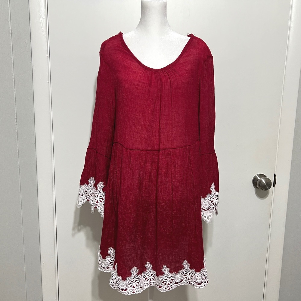 Womens Tunic Dress Size XL Red Bell Sleeve Lace Whimsigoth Ren‎ Faire Witchy